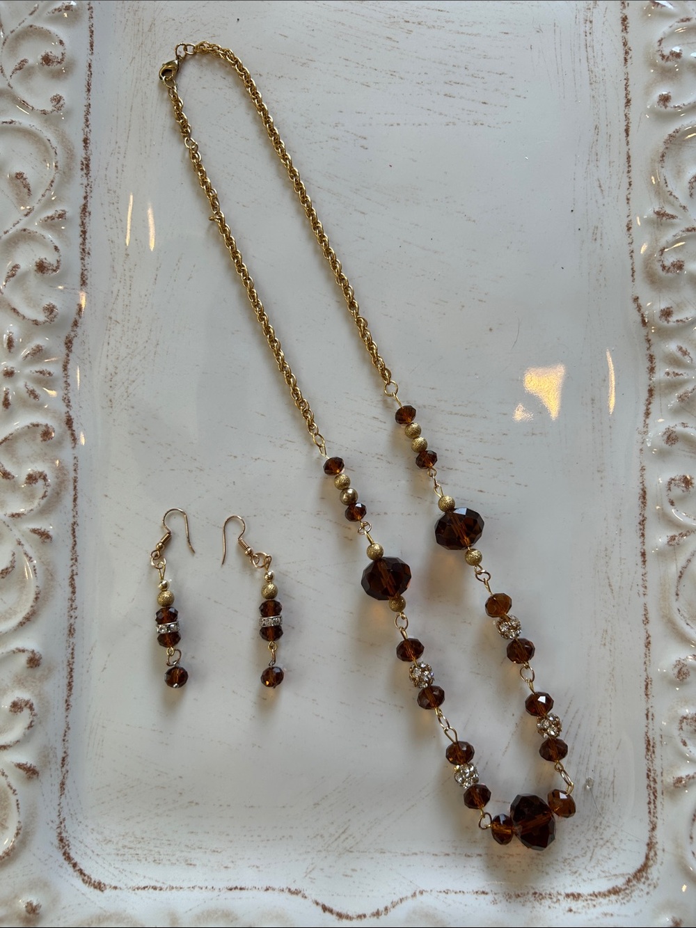 Gold-Tone Brown Crystal Bead Necklace & Earring Set